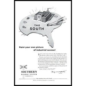 1953 Southern Railway System Vintage Print Ad Artist Pallette Railroad Wall Art